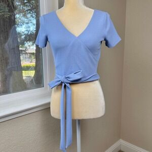 Hollister Wrap Top Women S Balletcore Ribbed Blue Side Tie Waist Coquette Casual